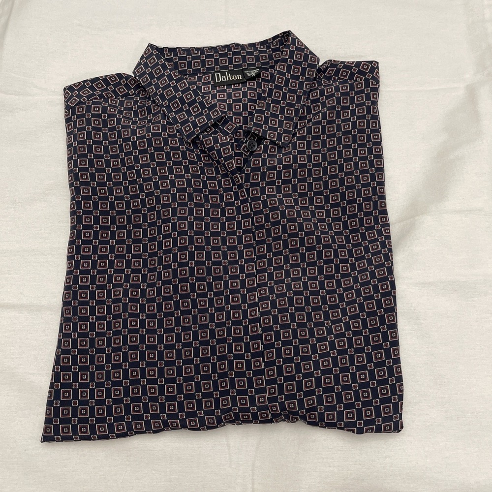 Vintage Navy Geometric Blouse Dalton Collar Button Long Sleeve Sz L Casual